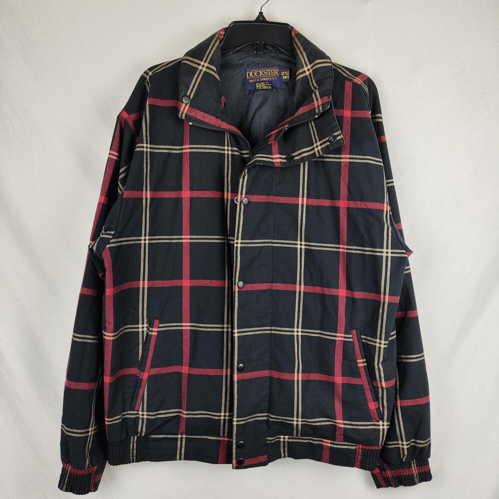 Vintage Duckster Jacket Mens Large Black Plaid Cotton Bomber Full Zip Lined